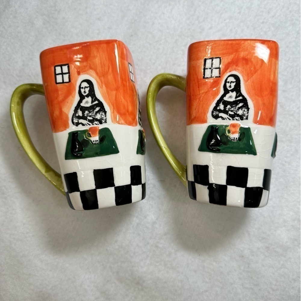 Frangelico & Coffee Handpainted Set 2 Mona Lisa dining with her cat Coffee Mugs 